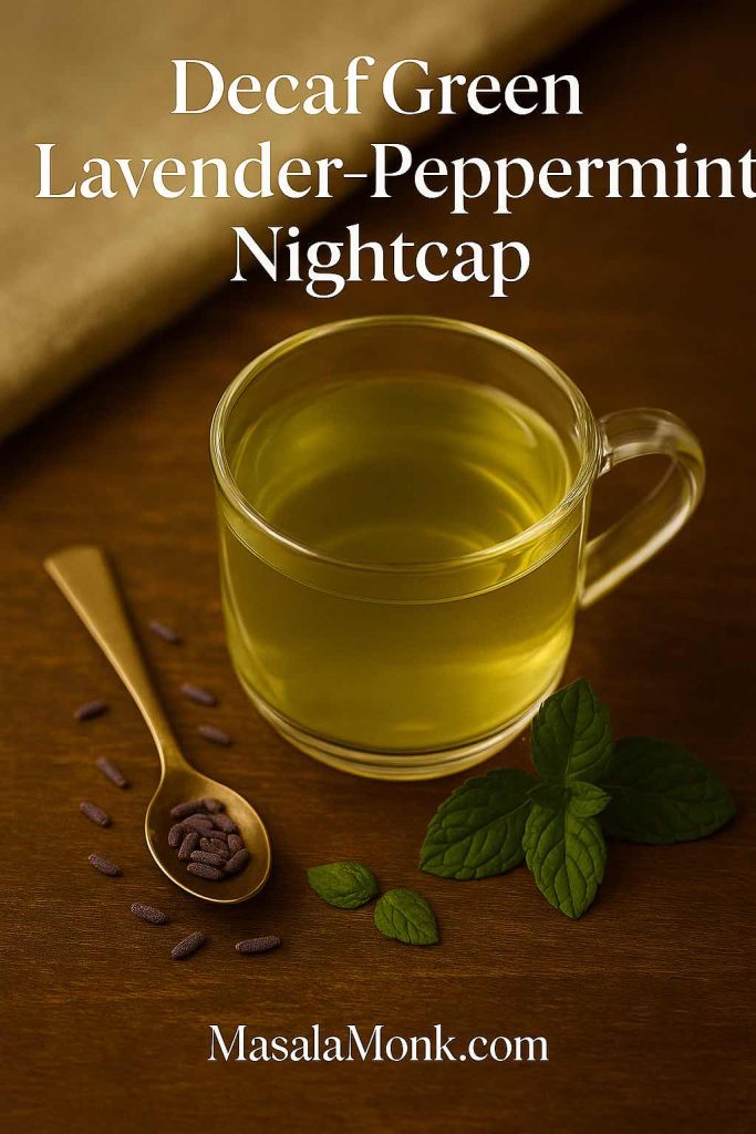 Clear glass cup of Decaf Green Lavender–Peppermint Nightcap tea with fresh mint leaves and lavender buds on the side.