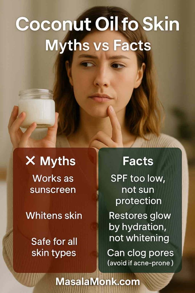 Comparison chart of coconut oil for skin myths versus facts highlighting SPF limits, hydration benefits, and pore-clogging risks.