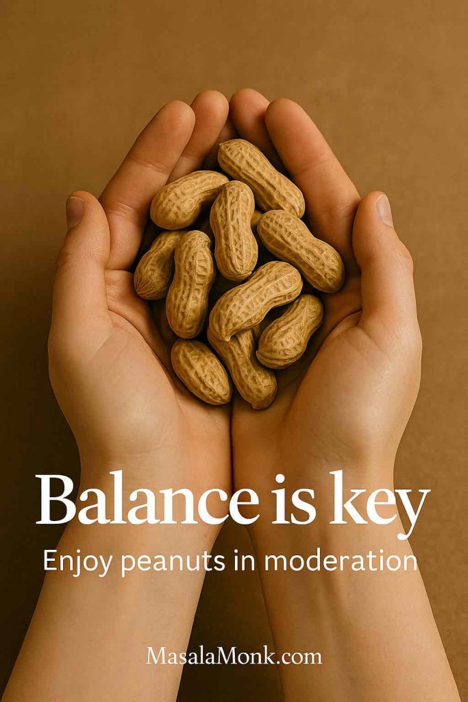Hands gently holding unshelled peanuts with text overlay highlighting balance and portion control for weight management.