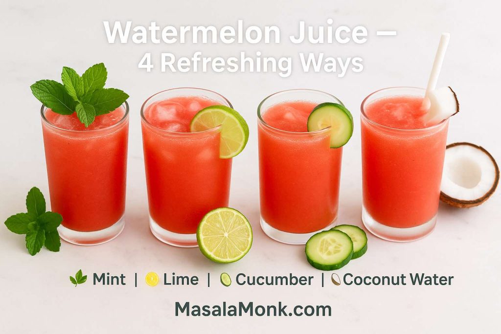 Four glasses of watermelon juice with mint, lime, cucumber, and coconut water variations on a white background.