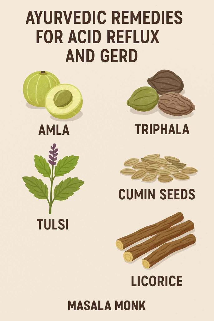 Infographic illustration of Ayurvedic remedies for acid reflux showing Amla, Triphala, Tulsi, Cumin seeds, and Licorice with labels.