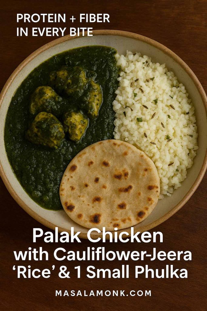 Palak Chicken (or Tofu) with Cauliflower-Jeera “Rice” & 1 Small Phulka