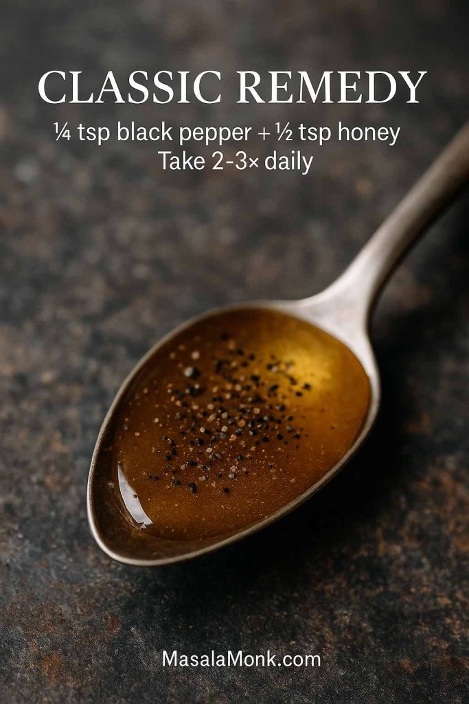 Photorealistic image of a teaspoon filled with golden honey sprinkled with ground black pepper on a rustic wooden background, styled like a luxury food magazine, with overlay text showing dosage for cough relief. MasalaMonk.com watermark.