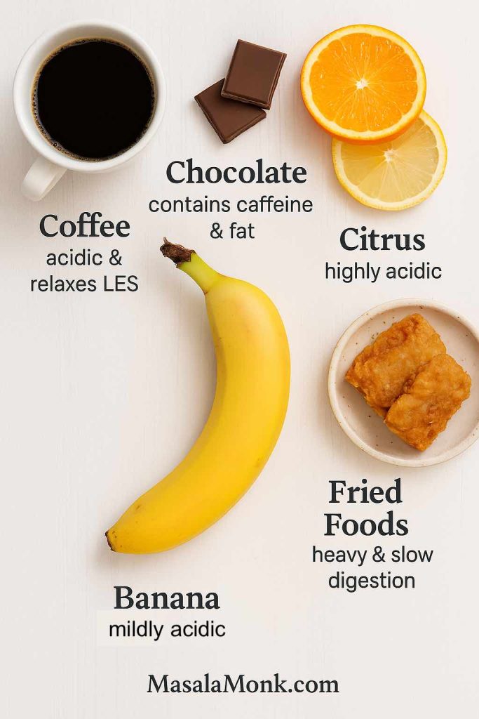 "Banana with common acid reflux trigger foods: coffee, chocolate, citrus, and fried foods that may worsen heartburn symptoms"