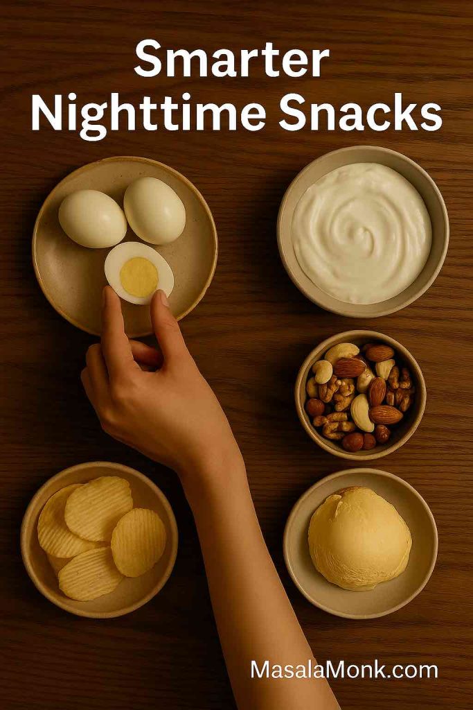 Flatlay of eggs, yogurt, nuts, chips, and ice cream – choosing healthier protein-rich night snacks.