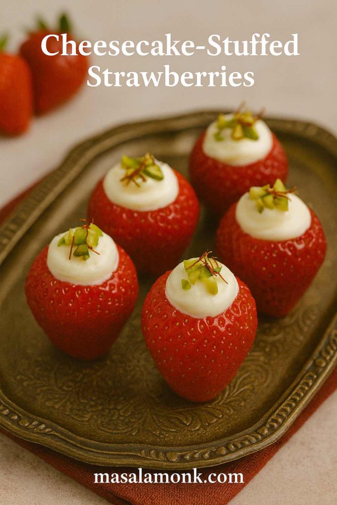 "Fresh strawberries stuffed with cheesecake filling and garnished with pistachios."
