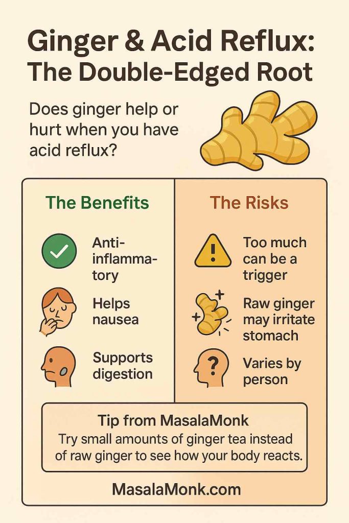 Infographic showing the benefits and risks of ginger for acid reflux and heartburn. Benefits: anti-inflammatory, helps nausea, supports digestion. Risks: too much can trigger reflux, raw ginger may irritate stomach, effects vary by person. Includes a MasalaMonk tip to try ginger tea instead of raw ginger.