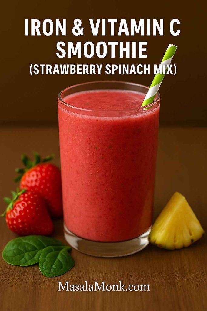 Iron and vitamin C smoothie with strawberries, spinach, and pineapple for better iron absorption - MasalaMonk High Iron Smoothies & Shakes Recipe Ideas
