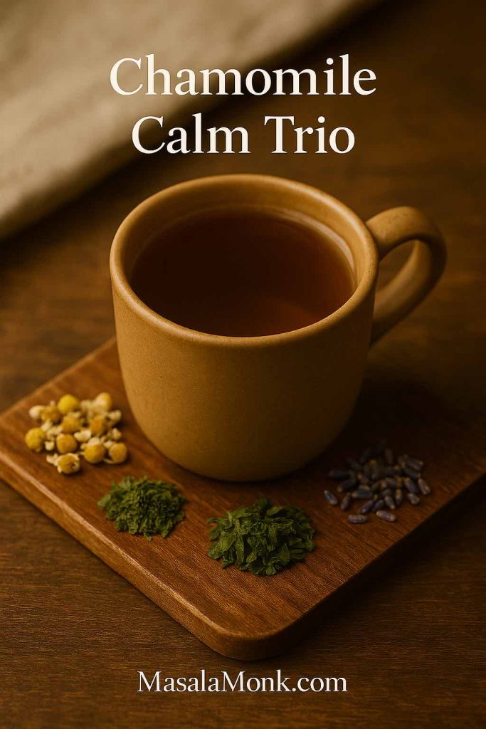 Brown ceramic cup of Chamomile Calm Trio tea with chamomile flowers, lavender buds, and peppermint leaves on a wooden board.