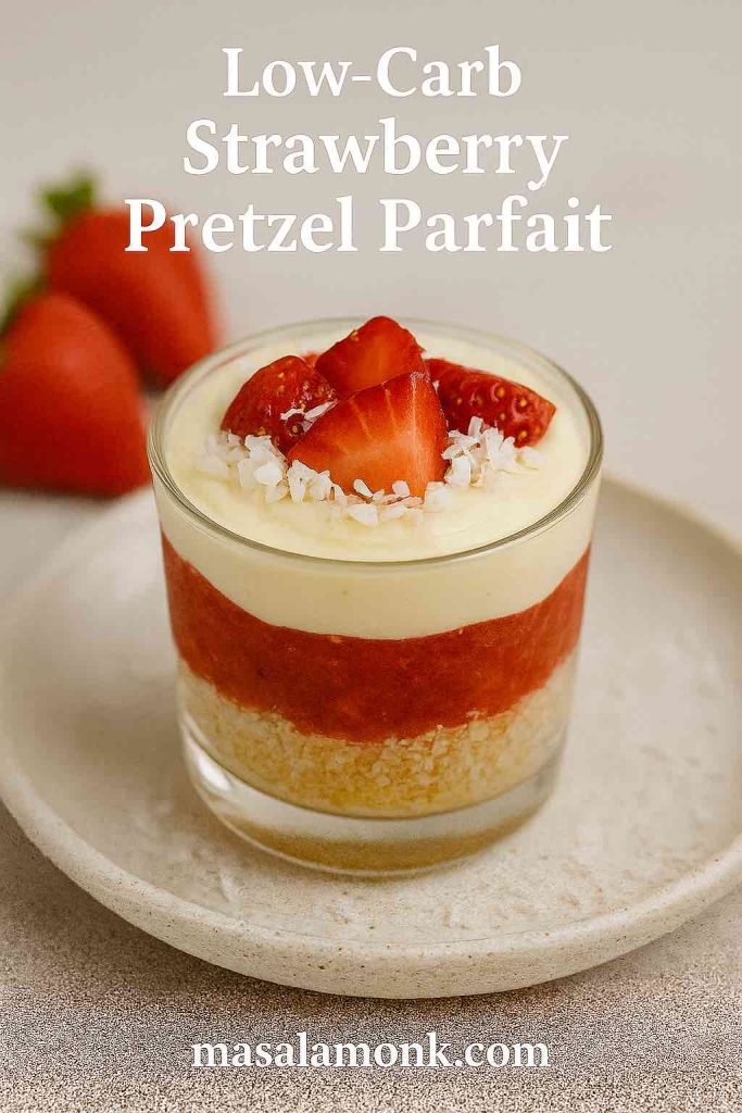 "Low-carb strawberry pretzel parfait layered with cream, fresh strawberries, and coconut flakes."