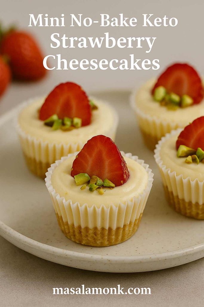 "Mini no-bake keto strawberry cheesecakes topped with fresh strawberries and pistachios."