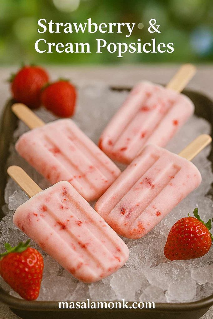 "Homemade strawberry and cream popsicles on ice, refreshing summer keto-friendly frozen dessert."