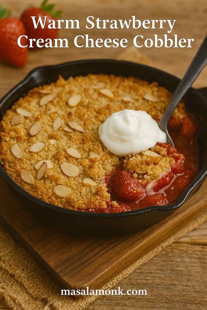"Homemade warm strawberry cream cheese cobbler topped with almond flakes and cream."