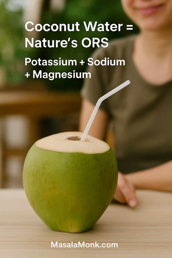 Fresh coconut water as a natural electrolyte drink rich in potassium, sodium, and magnesium.