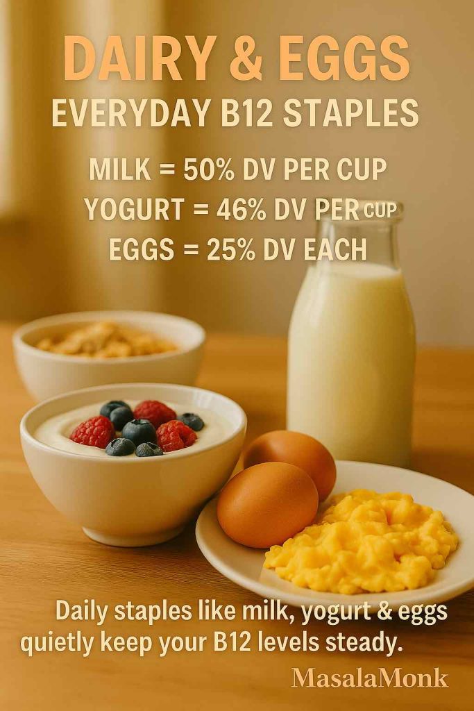 Breakfast table with yogurt, milk, and eggs as everyday Vitamin B12 food sources.