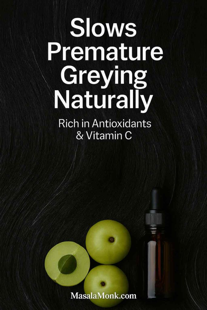 Close-up of glossy black hair with a few subtle grey strands, paired with amla fruits, text overlay reads ‘Slows Premature Greying Naturally.’