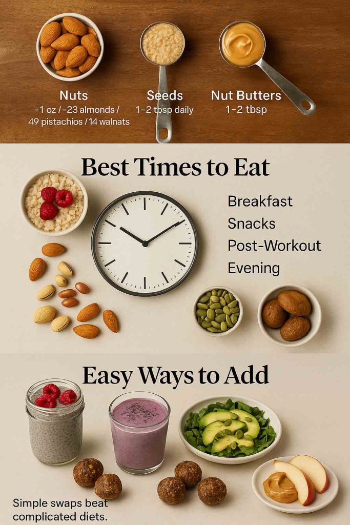 Infographic showing the best way to eat nuts and seeds for weight loss with serving sizes (nuts, seeds, nut butters), best times to eat (breakfast, snacks, post-workout, evening), and easy ways to add them (chia pudding, smoothies, energy bites, salad toppers, peanut butter with fruit).