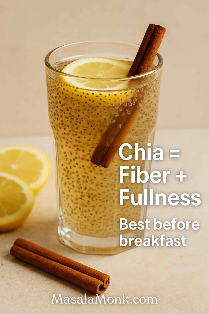 Glass of cinnamon lemon water with chia seeds, lemon slice, and cinnamon stick, with overlay text highlighting fiber and satiety benefits.