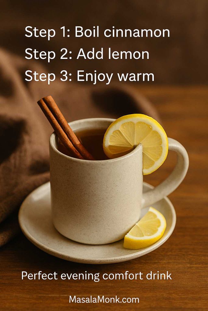 Ceramic mug of steaming cinnamon lemon tea with recipe overlay: boil cinnamon, add lemon, enjoy warm.
