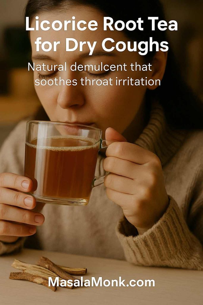 A woman sipping licorice root tea with dried roots nearby, with text overlay “Licorice Root Tea for Dry Coughs — Natural demulcent that soothes throat irritation.” A traditional natural cough remedy. MasalaMonk.com branding in footer.
