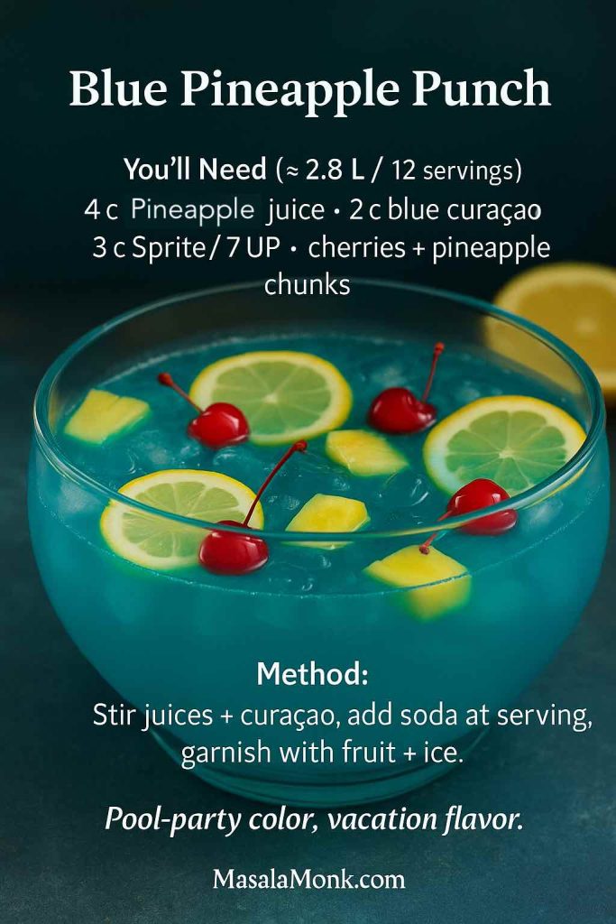 Recipe card for Blue Pineapple Punch showing a glass bowl of bright turquoise punch with lemon wheels, pineapple chunks, and cherries. Overlay text includes ingredients, method, and tagline for Masala Monk.