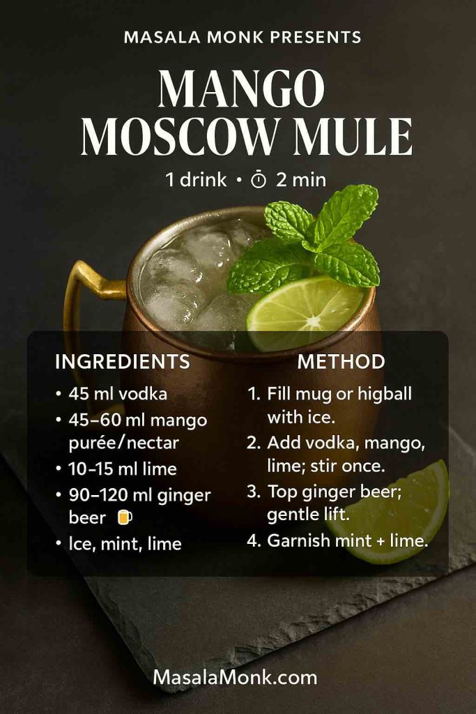 Mango Moscow Mule recipe card—lined copper mug packed with crushed ice, mint and lime; ingredients (vodka, mango, lime, ginger beer) and quick method overlay.