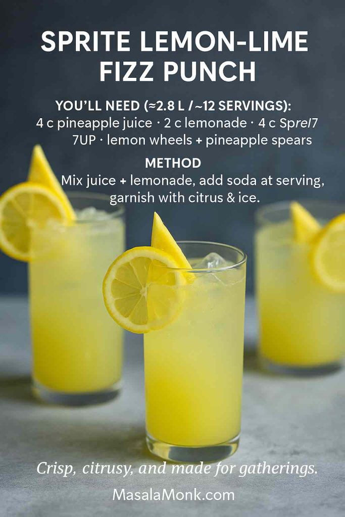 Recipe card for Sprite Lemon-Lime Fizz Punch featuring tall glasses of fizzy yellow punch with lemon wheels and pineapple spears. Includes quick ingredient list and method overlay in a clean, modern design for Masala Monk.
