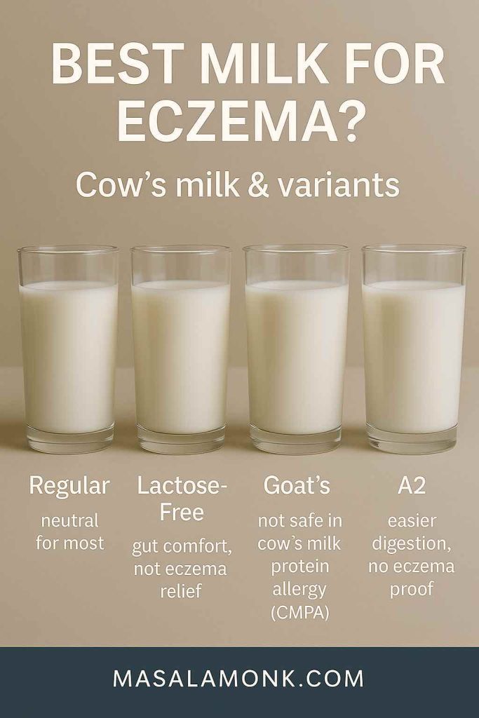 Educational infographic showing four glasses of milk lined up on a neutral beige background, labeled as Regular, Lactose-Free, Goat’s, and A2. Text overlay explains: “Regular: neutral for most; Lactose-free: gut comfort, not eczema relief; Goat’s: not safe in cow’s milk protein allergy (CMPA); A2: easier digestion, no eczema proof.” MasalaMonk.com footer included.