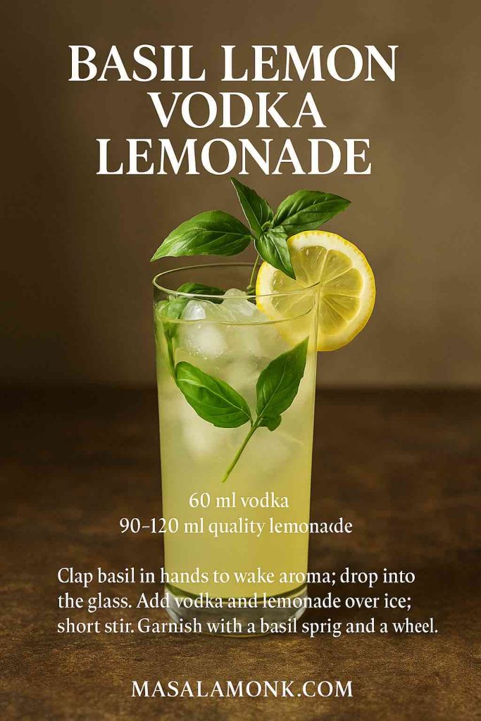 Basil Lemon Vodka Lemonade in a tall glass with clear ice, basil sprig, and lemon wheel; recipe overlay; MasalaMonk graphic.