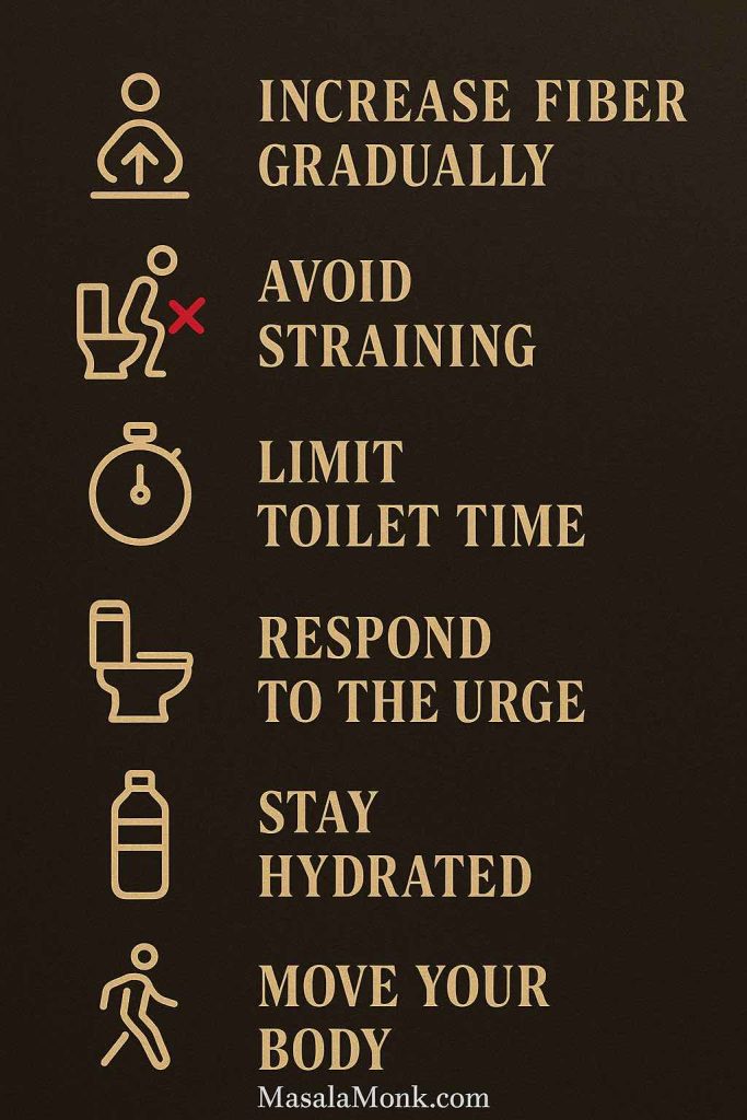 Habits to pair with a hemorrhoids diet plan: increase fiber gradually, avoid straining, limit toilet time, hydrate, and walk.