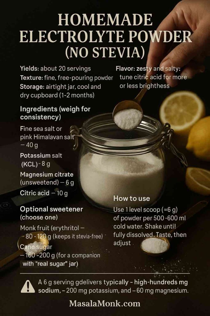 Recipe card for homemade electrolyte powder (no stevia) with jar on scale, brass spoons, lemon, and 6 g per 500–600 ml instructions.