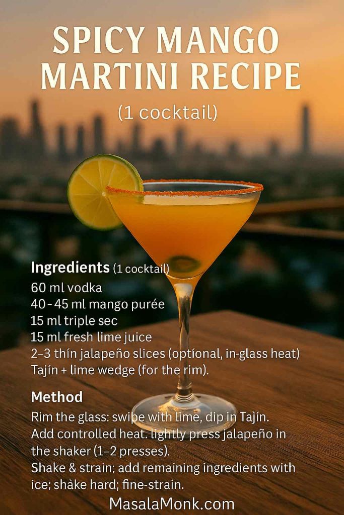 Spicy Mango Martini recipe card at rooftop sunset: coupe with Tajín rim and lime wheel, ingredients and method overlay, MasalaMonk.com footer