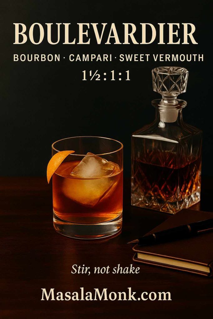 Boulevardier recipe card—1½ oz bourbon, 1 oz Campari, 1 oz sweet vermouth—stirred and served over a large cube with orange zest; crystal decanter, leather notebook and pen; MasalaMonk.com footer.