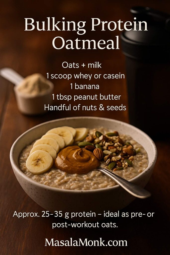 Bowl of bulking protein oatmeal topped with banana slices, peanut butter and mixed nuts with a protein shaker in the background, showing a high-protein pre- or post-workout breakfast.