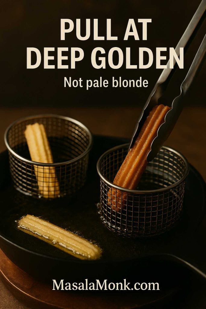 Comparison of pale and deep golden churros in hot oil with tongs lifting the correctly fried stick.