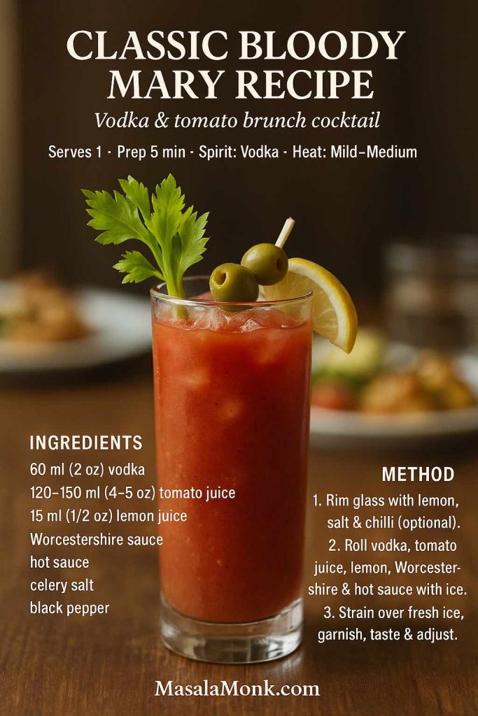 Classic Bloody Mary recipe card showing a tall vodka and tomato cocktail with celery, lemon and olives, styled on a brunch table, MasalaMonk.com