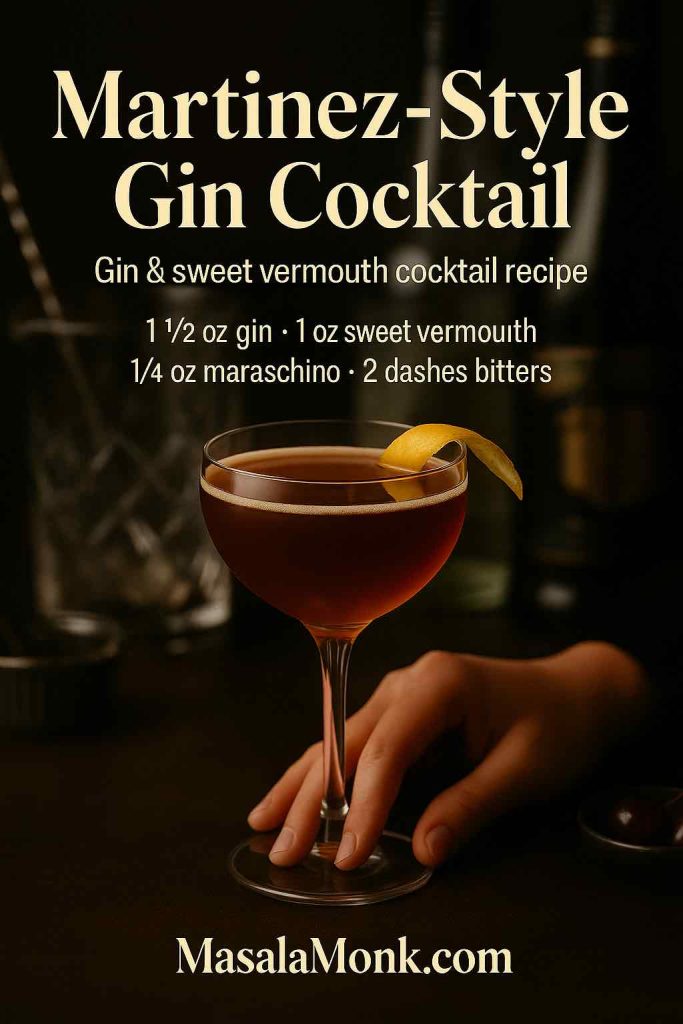 Martinez-style gin cocktail in a coupe glass with amber liquid and lemon twist garnish, hand holding the stem on a dark bar with mixing glass and bottles blurred in the background, overlaid with mini gin and sweet vermouth cocktail recipe text and MasalaMonk.com branding