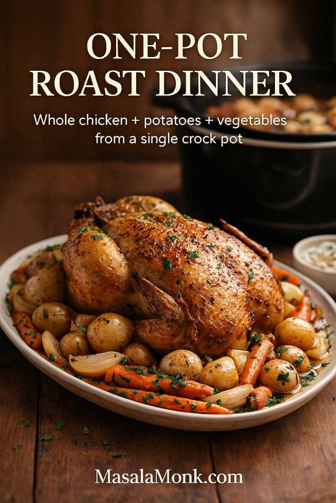 Whole roasted chicken served on a platter surrounded by potatoes, carrots and onions, with a slow cooker in the background, showing a complete one-pot roast dinner made in a crock pot.