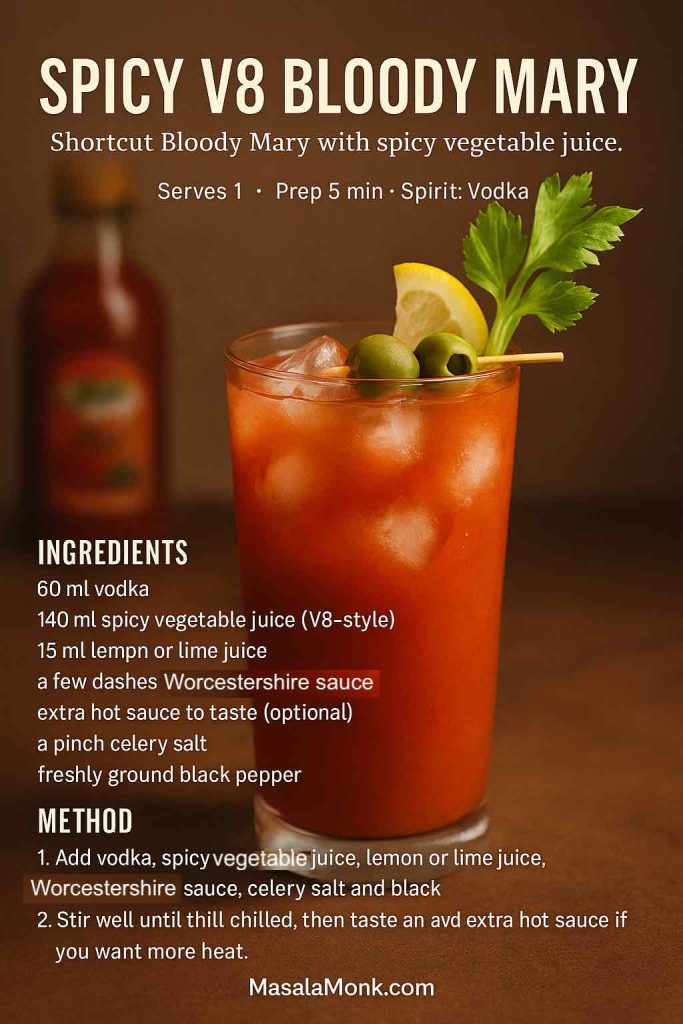 Spicy V8 Bloody Mary recipe card with a tall tomato and vegetable juice cocktail over ice, garnished with celery, lemon and olives on a warm brown background, MasalaMonk.com