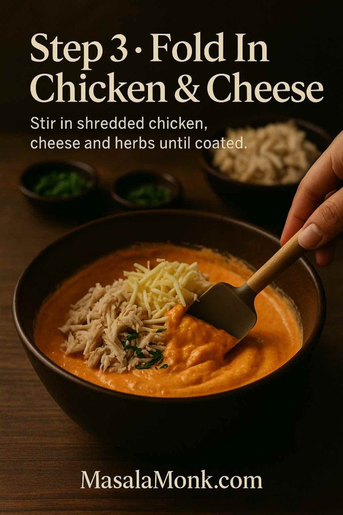 Hand folding shredded chicken, shredded cheese and chopped herbs into a creamy orange buffalo sauce in a mixing bowl.