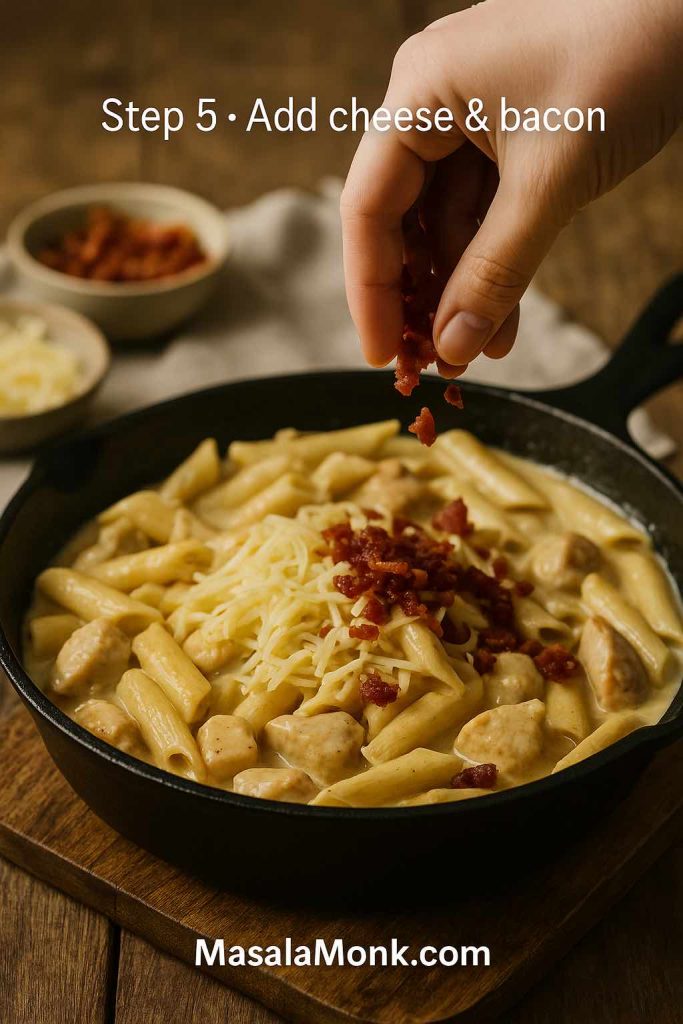 Hand sprinkling crispy bacon over a skillet of creamy penne and melted cheese for the final step of chicken bacon ranch pasta.