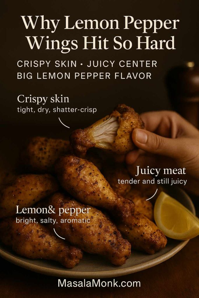 Portrait graphic showing lemon pepper chicken wings with text callouts for crispy skin, juicy meat and bright lemon and pepper seasoning, explaining why the wings are so addictive.