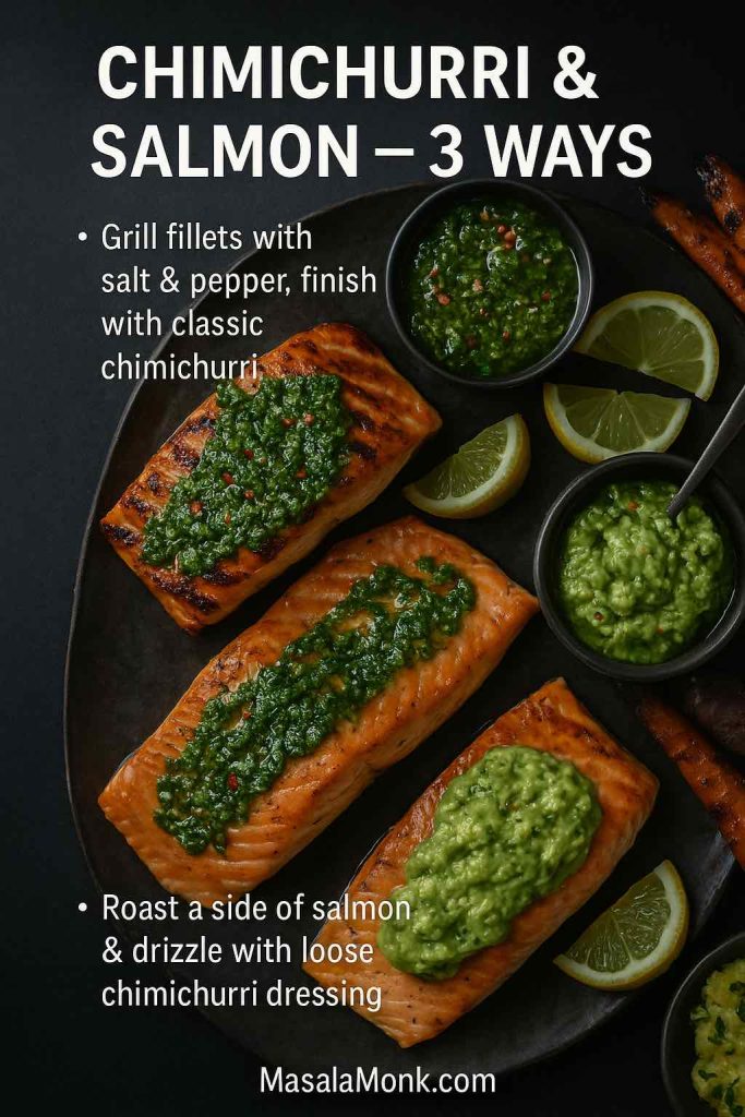 Portrait guide image titled Chimichurri & Salmon – 3 Ways showing grilled salmon fillets topped with green chimichurri, pieces finished with creamy avocado chimichurri, bowls of sauce and lemon wedges on a dark platter.
