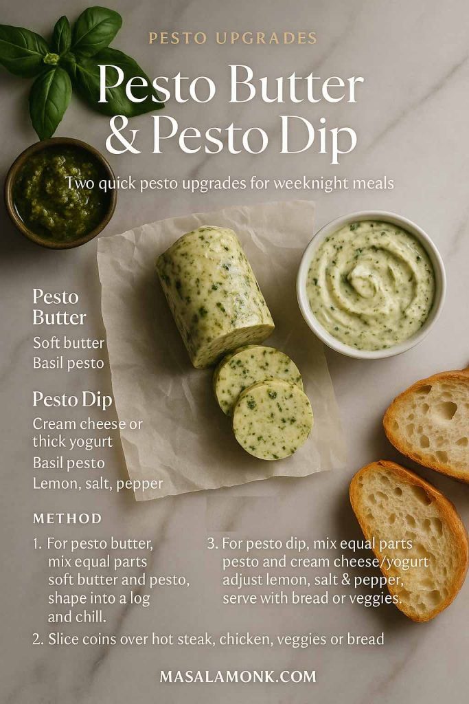 Pesto Butter and Pesto Dip recipe card on marble with a log of sliced pesto butter on parchment, a bowl of creamy pesto dip, fresh basil, crusty bread and printed ingredients and method – MasalaMonk.