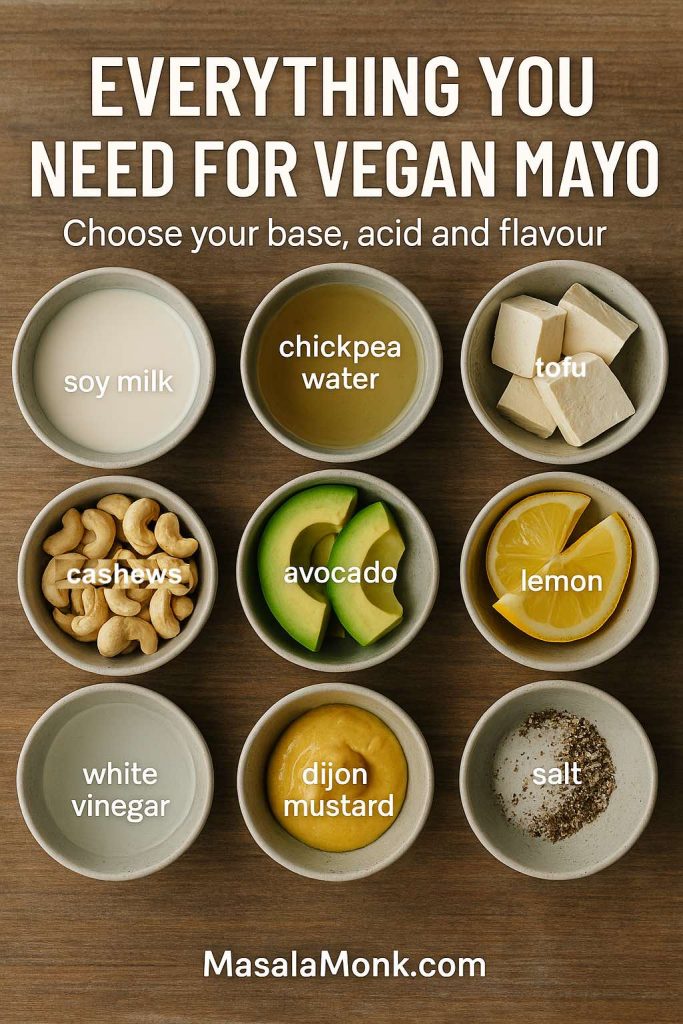 A top-down view of vegan mayo ingredients in small bowls, including soy milk, chickpea water, tofu, cashews, avocado, lemon, white vinegar, Dijon mustard and salt arranged on a wooden surface.