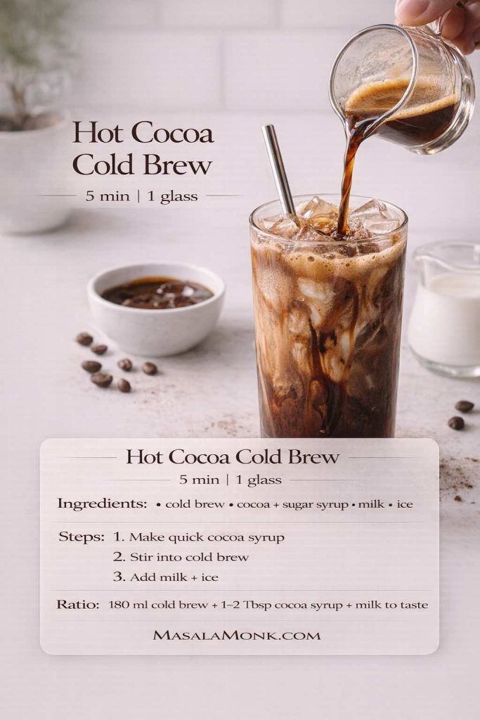 Hot cocoa cold brew recipe card showing cold brew pouring over ice with chocolate syrup swirls, plus ingredients, steps, and ratio for a cool and creamy cocoa coffee