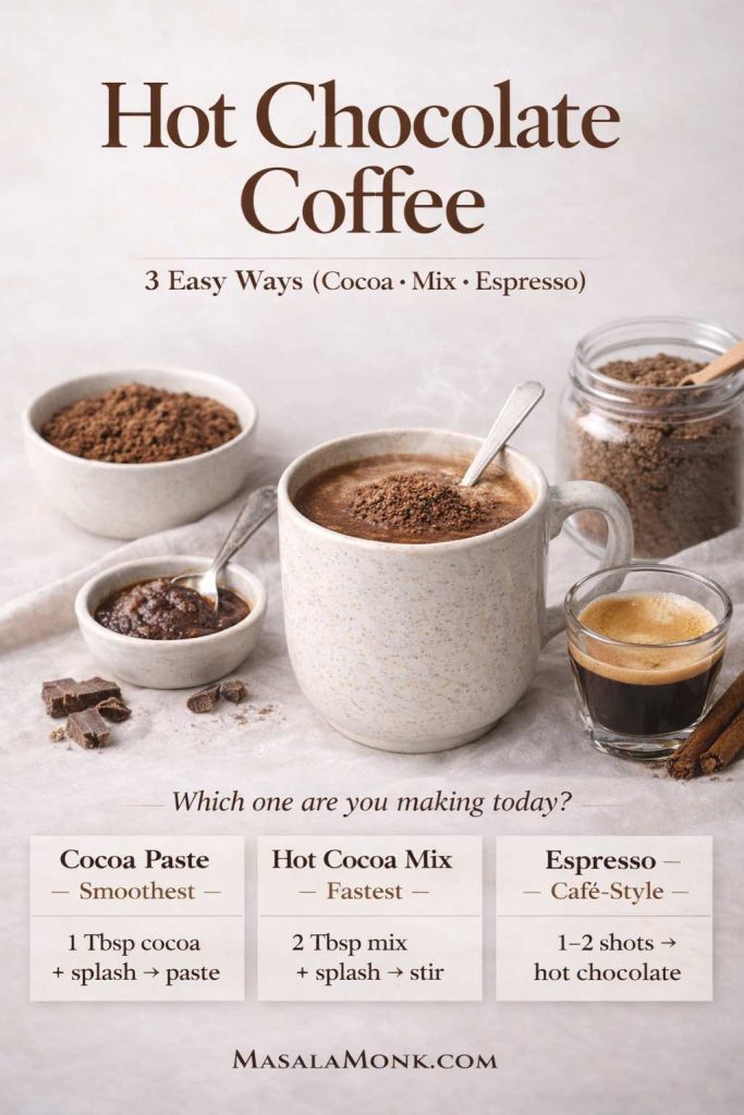 Hot chocolate coffee guide showing 3 easy ways—cocoa paste, hot cocoa mix, and espresso—with simple ratios on a cozy linen background.