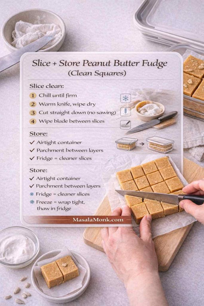 Step-by-step infographic showing how to slice and store peanut butter fudge for clean squares. Includes tips to chill until firm, warm and dry the knife, cut straight down (no sawing), and wipe the blade between slices. Storage guidance includes using an airtight container, parchment between layers, refrigerating for cleaner slices, and freezing by wrapping tightly and thawing in the fridge. MasalaMonk.com branding.