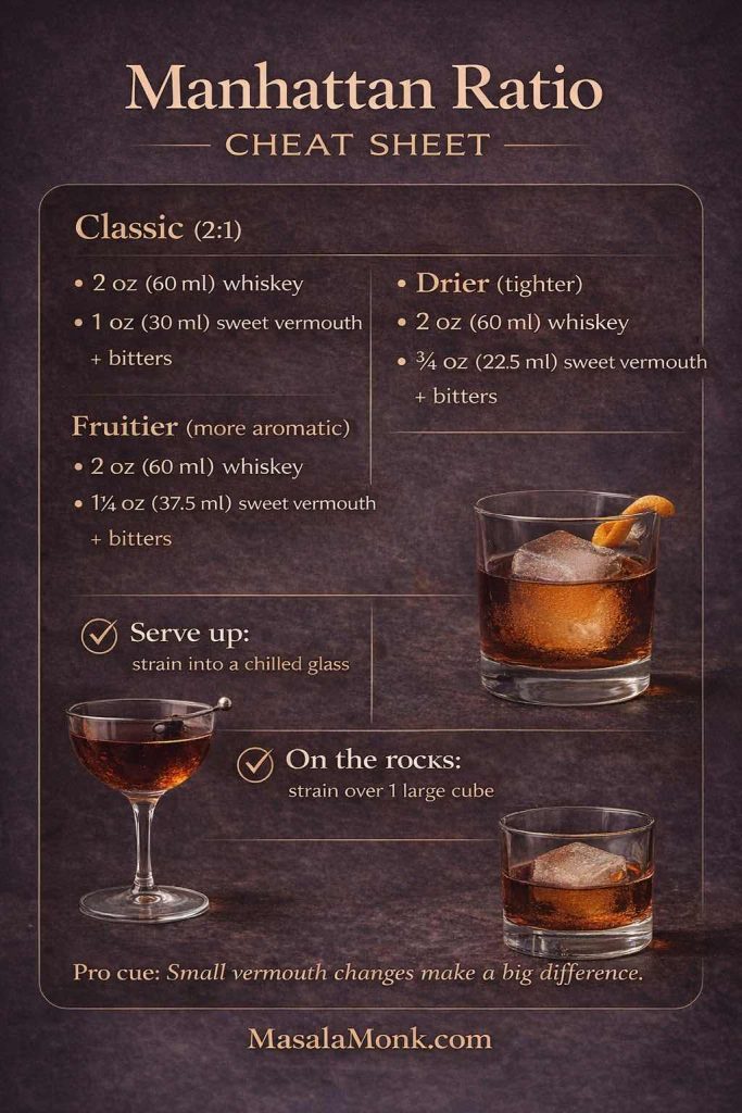 Manhattan ratio cheat sheet showing classic (2:1), drier, and wetter Manhattan builds with whiskey and sweet vermouth in oz and ml, plus serve up vs on the rocks guidance.