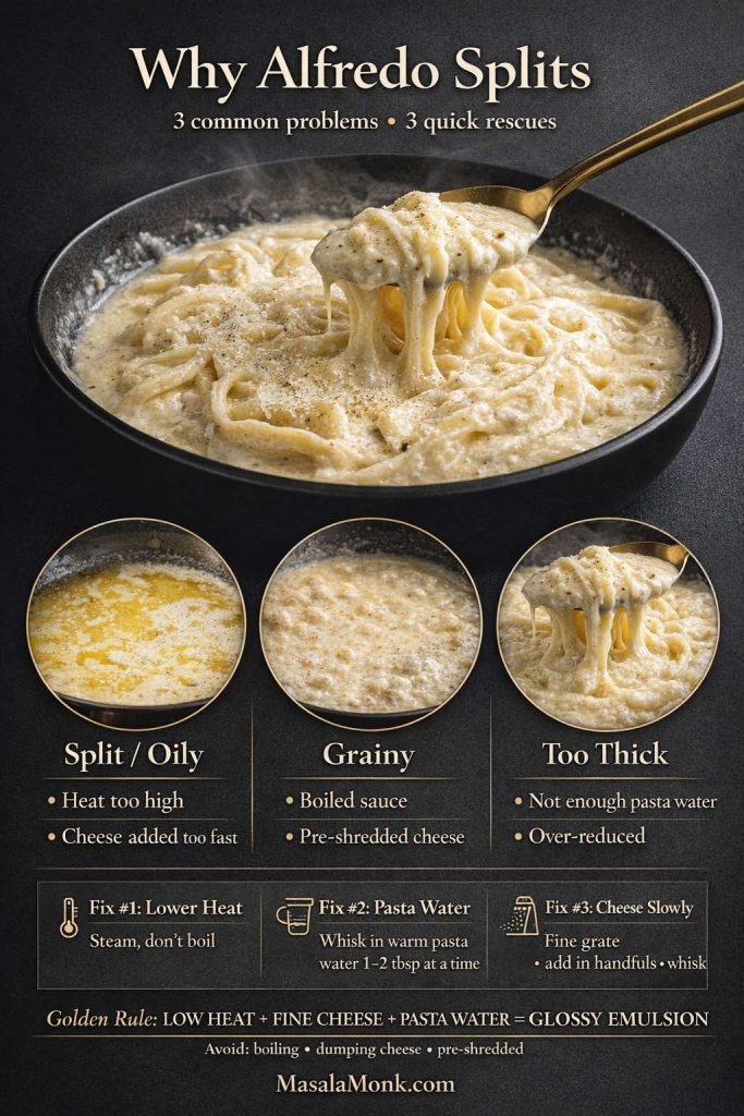 Dark luxe infographic explaining why Alfredo sauce splits, turns grainy, or gets too thick, with quick fixes: lower heat, whisk in warm pasta water, and add finely grated cheese slowly.